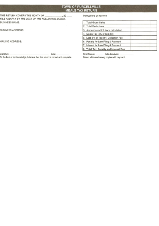 Meals Tax Returns Form Printable pdf