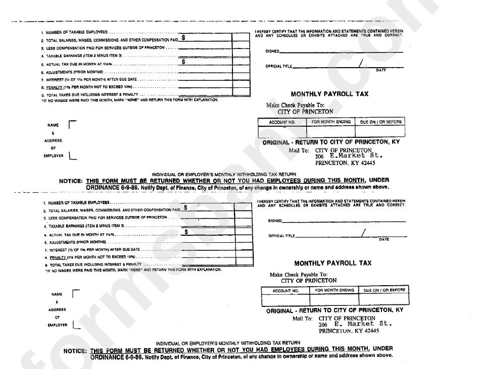 Monthly Payroll Tax Form - 1986