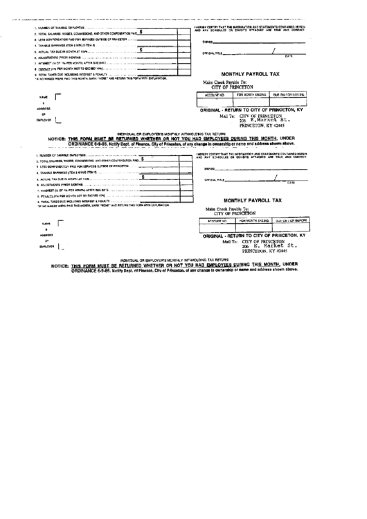 Monthly Payroll Tax Form - 1986 Printable pdf