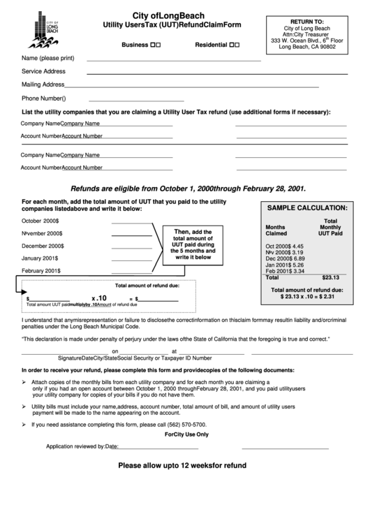 Utility Users Tax (Uut) Refund Claim Form Printable pdf