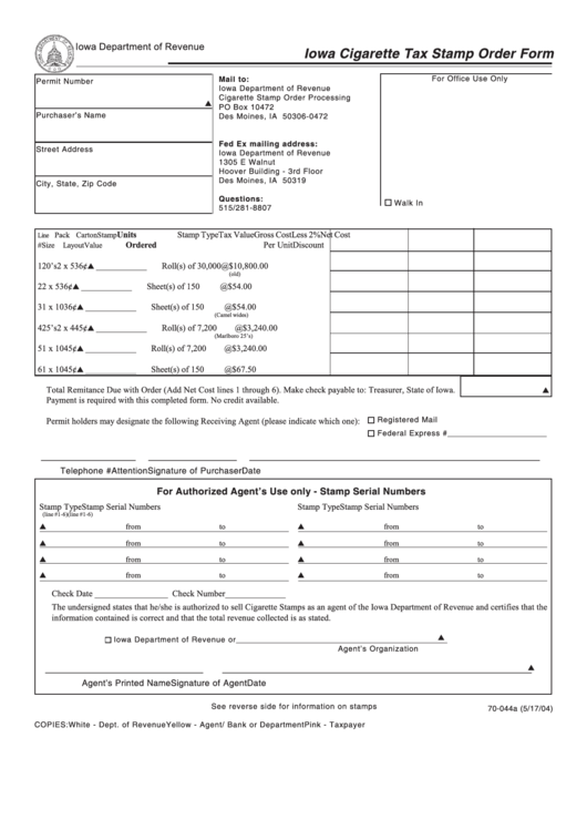 Form 70-044a - Iowa Cigarette Tax Stamp Order Printable pdf