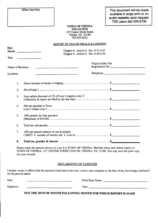 Report Of Tax On Meals And Lodging Form Printable pdf