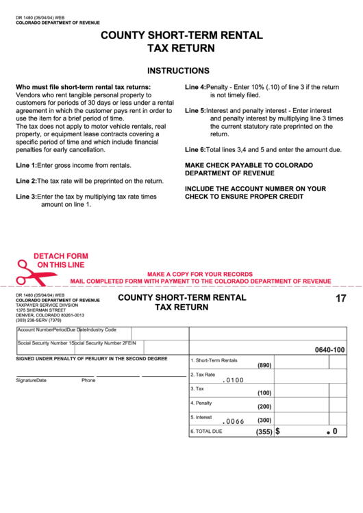 Form Dr 1480 - County Short-Term Rental Tax Return Form - Colorado Department Of Revenue, Clorado Printable pdf