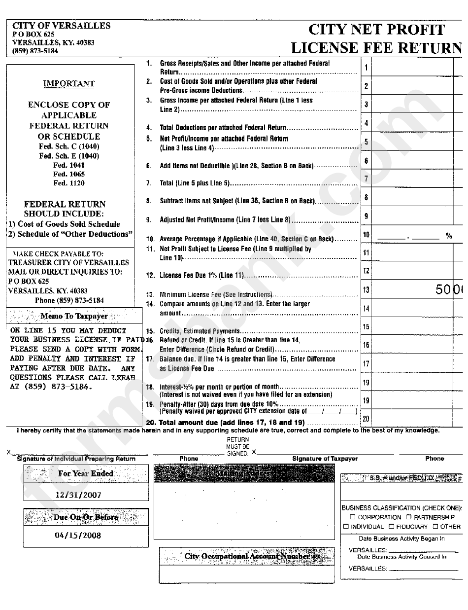 License Fee Return Form - 2008
