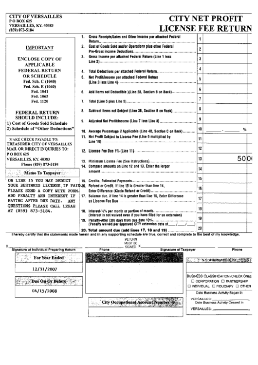 License Fee Return Form - 2008 Printable pdf