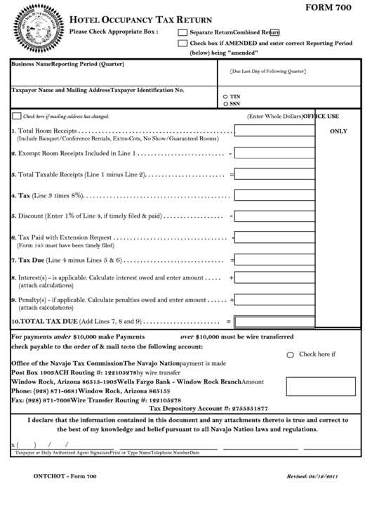 Form 700 - Hotel Occupancy Tax Return Printable pdf