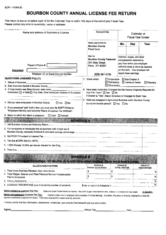 Bcpt-Form 02 - Annual License Fee Return Printable pdf