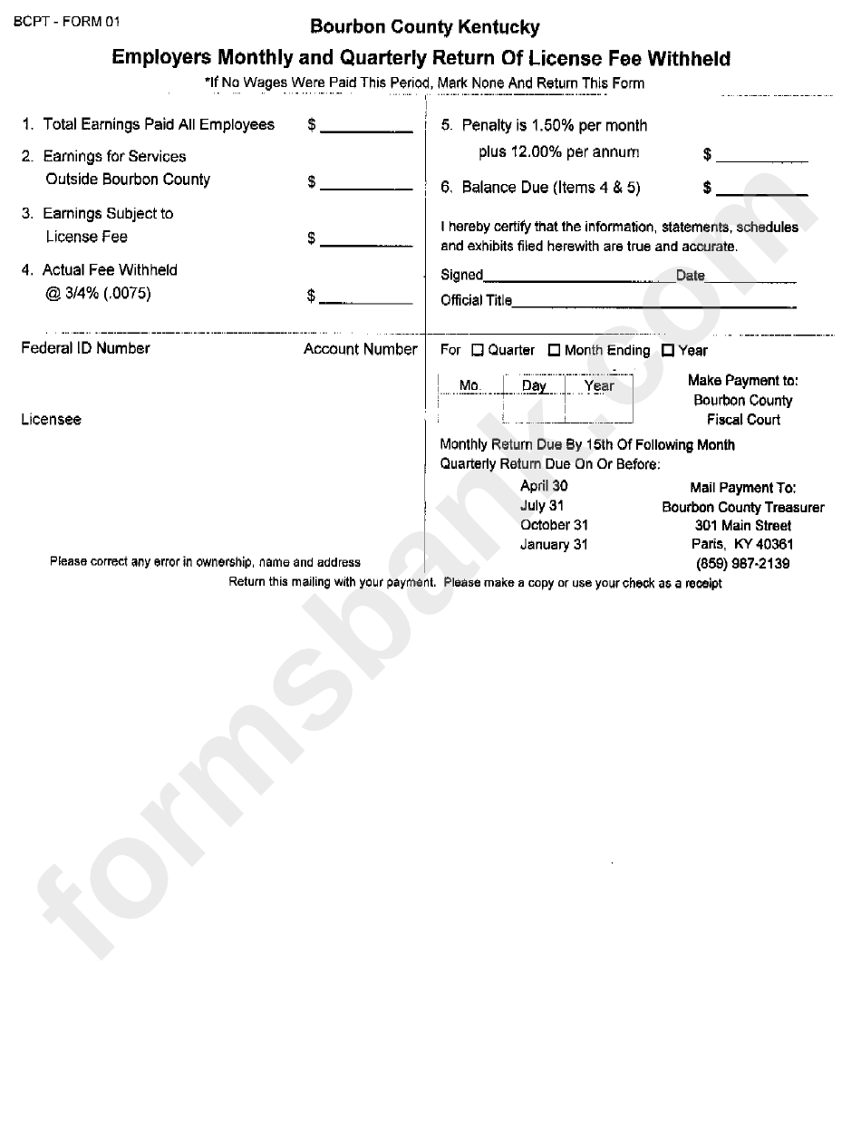 Bcpt-Form 01 - Employers Monthly And Quarterly Return Of License Fee Withheld