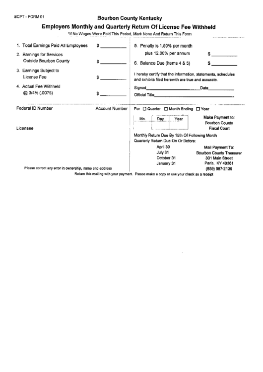 Bcpt Form 01 Employers Monthly And Quarterly Return Of License Fee Withheld Printable Pdf Download