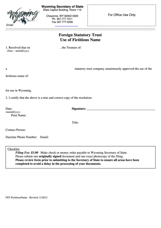 Fillable Foreign Statutory Trust Use Of Fictitious Name Form - Wyoming Secretary Of State Printable pdf