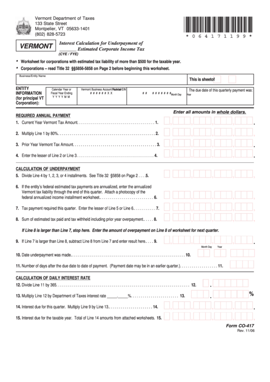 Form Co-417 - Interest Calculation For Underpayment Of Estimated Corporate Income Tax Printable pdf