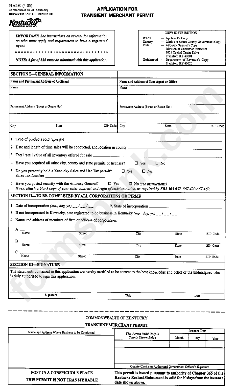 Application For Transient Merchant Permit Form - 2005