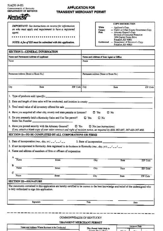 Application For Transient Merchant Permit Form - 2005 Printable pdf