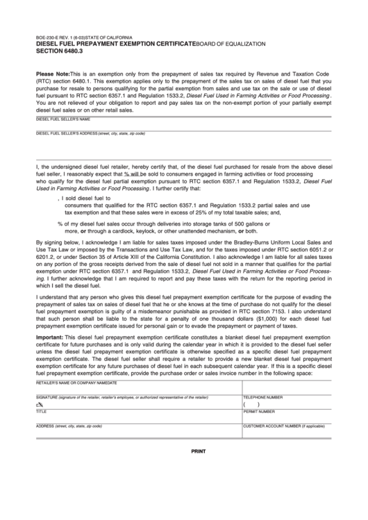 Fillable Diesel Fuel Prepayment Exemption Certificate Form - 2003 Printable pdf