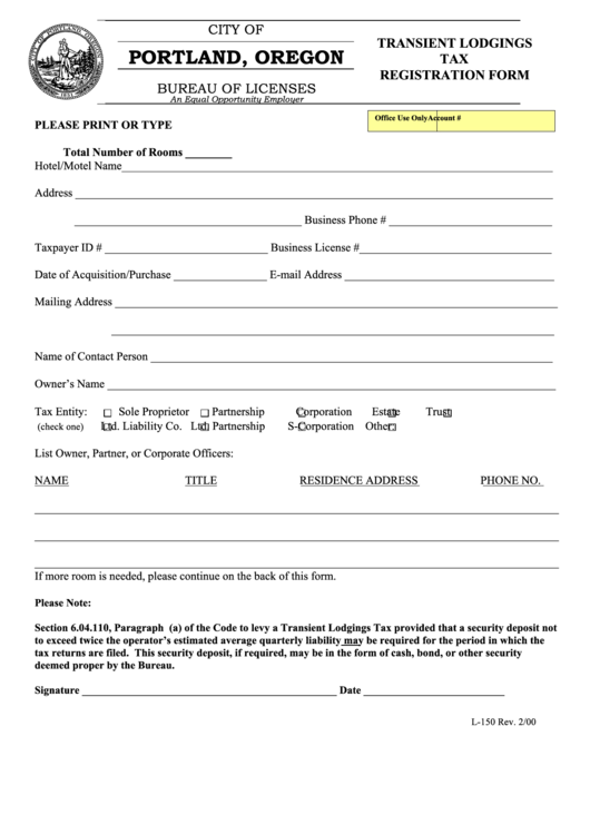 Form L-150 - Transient Lodgings Tax Registration Form Printable pdf