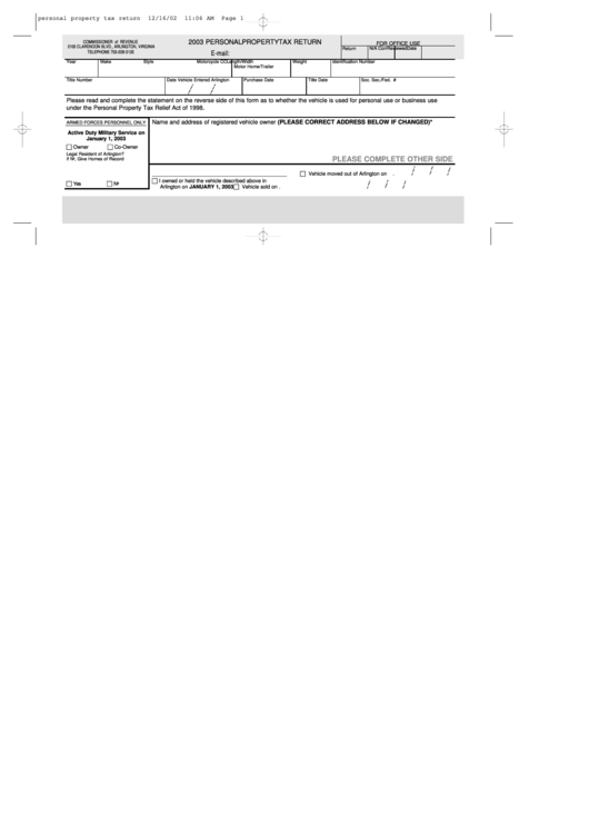 Personal Property Tax Return Form - Comissioner Of Revenue, Arlington, Virginia Printable pdf