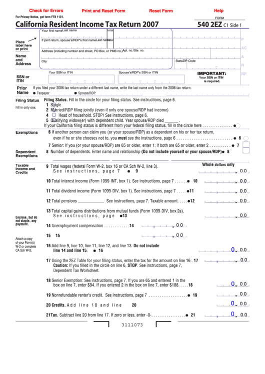 Fillable Form 540 2ez - California Resident Income Tax Return - 2007 Printable pdf