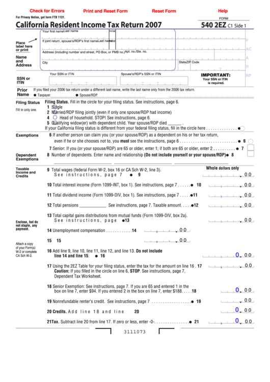 Fillable Form 540 2ez California Resident Income Tax Return 2007 