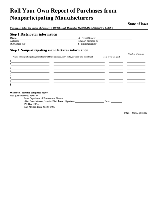 Form 70-020a - Roll Your Own Report Of Purchases Form Nonparticipating Manufacturers Printable pdf