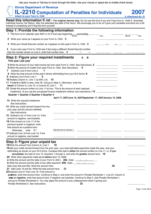 Fillable Form Il-2210 - Computation Of Penalties For Individuals - 2007 Printable pdf