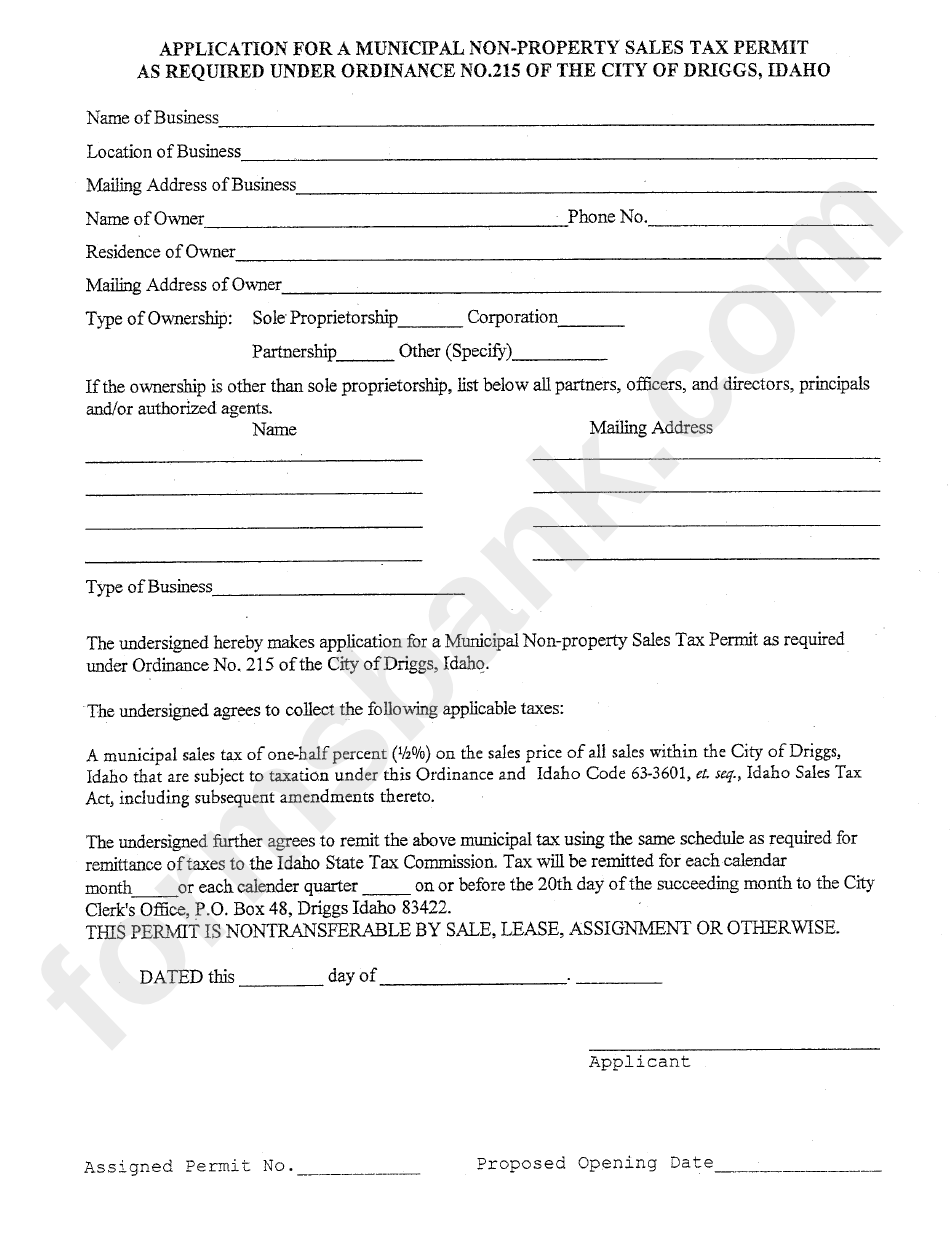 Application For Municipal Non-Property Sales Tax Permit As Required Under Ordinance No.215 Of The City Of Driggs, Idaho Form - Idaho