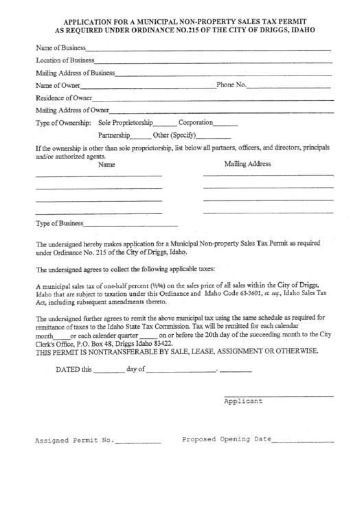 Application For Municipal Non-Property Sales Tax Permit As Required Under Ordinance No.215 Of The City Of Driggs, Idaho Form - Idaho Printable pdf