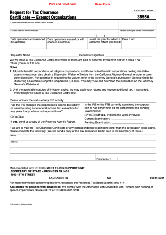 Fillable California Form 3555a - Request For Tax Clearance Certificate Form Printable pdf
