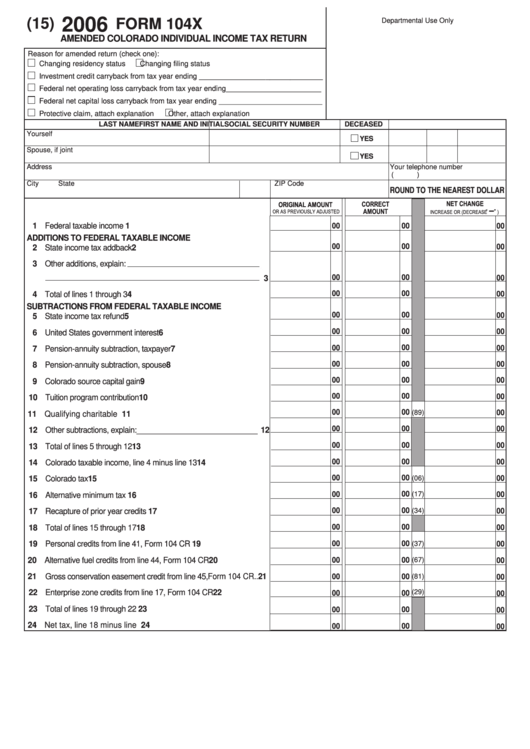 Fillable Form 104x - Amended Colorado Individual Income Tax Return - 2006 Printable pdf