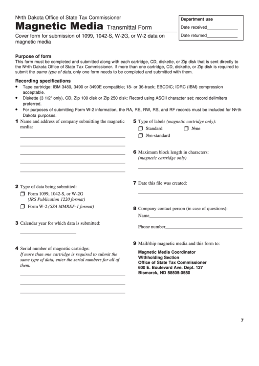 Magnetic Media Transmittal Form - North Dakota Office Of State Tax Commissioner Printable pdf