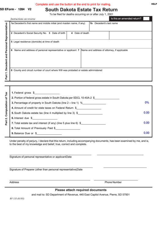 Fillable Sd Eform - 1284 V2 - South Dakota Estate Tax Return Form Printable pdf