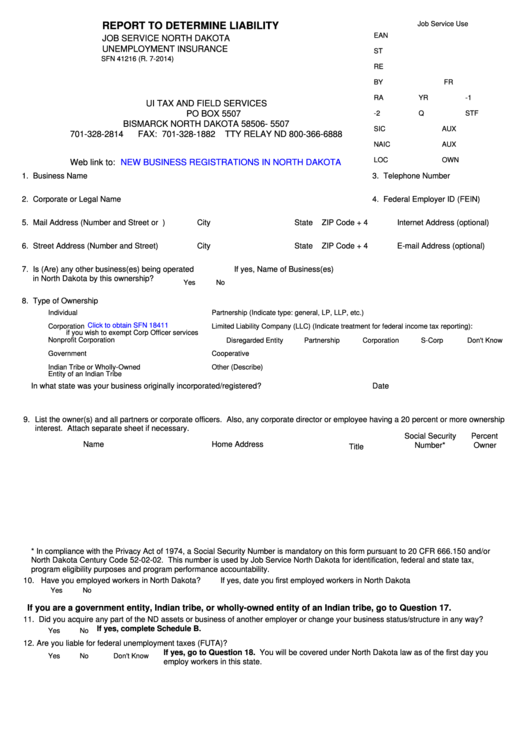 Fillable Form Sfn 41216 - Report To Determine Liability Printable pdf