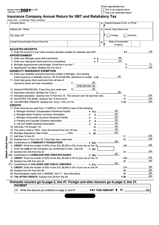Form 1366 - Insurance Company Annual Return For Sbt And Retaliatory Tax - 2001 Printable pdf