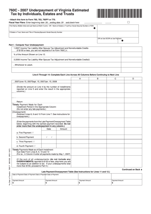 Form 760c - Underpayment Of Virginia Estimated Tax By Individuals, Estates And Trusts - 2007 Printable pdf