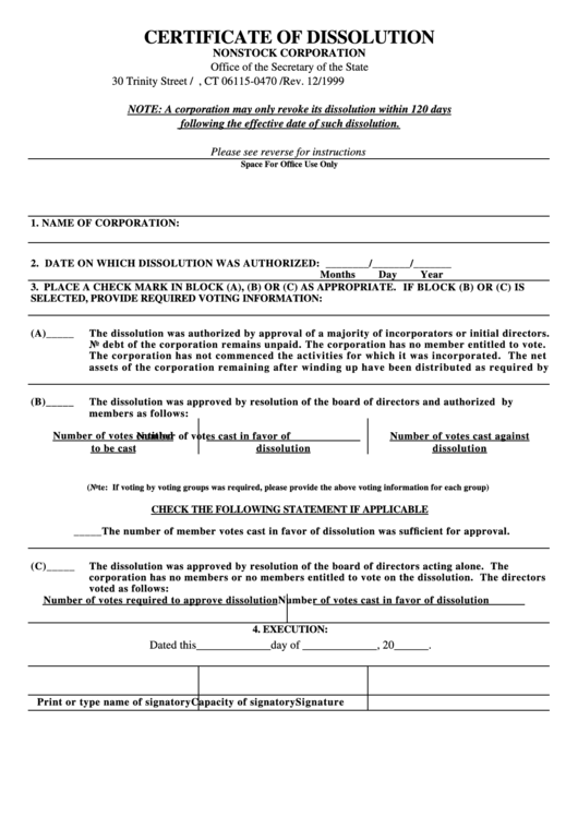 Certificate Of Dissolution Nonstock Corporation Form Printable pdf