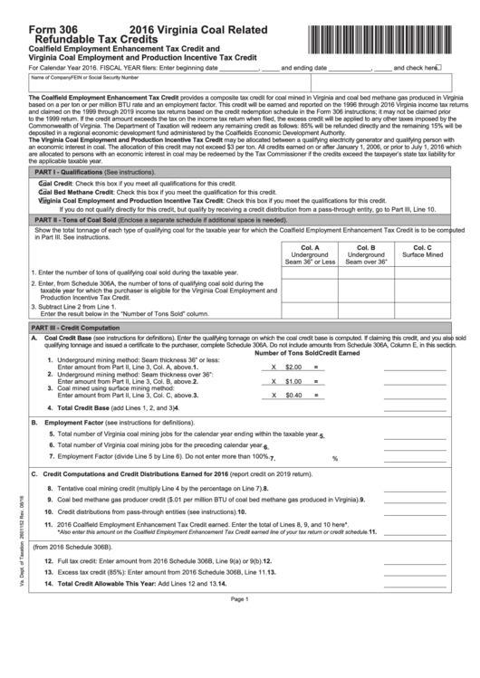 Fillable Form 306 - Virginia Coal Related Refundable Tax Credits - 2016 Printable pdf
