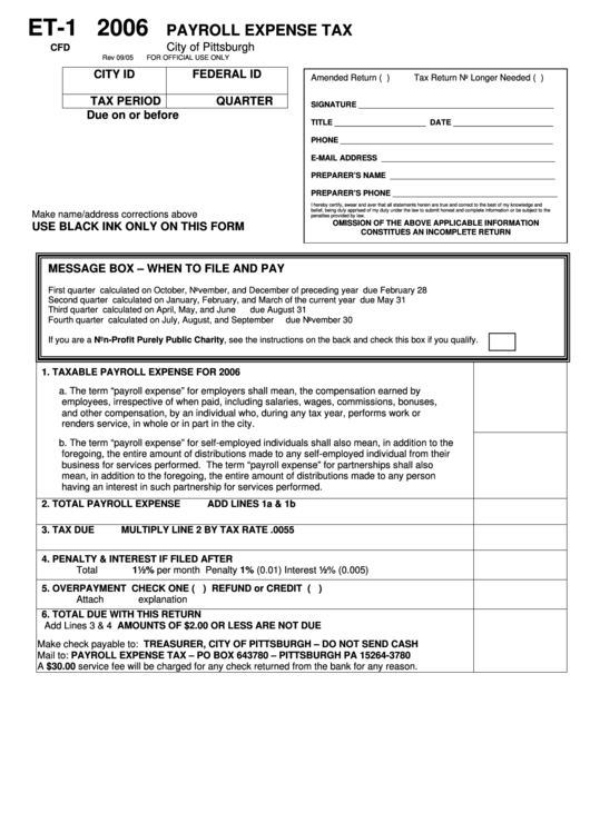 Form Et-1 - Payroll Expense Tax - City Of Pittsburgh - 2006 Printable pdf