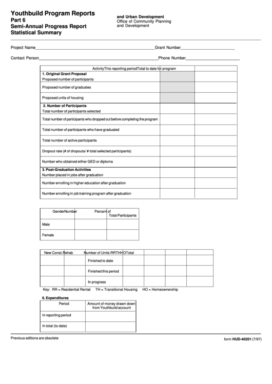 Form Hud-40201 - Youthbuild Program Reports, Part 6, Semi-Annual Progress Report Printable pdf