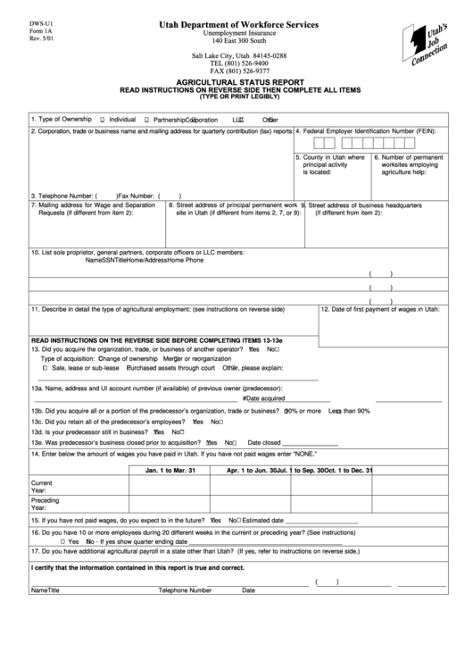 Form 1a - Agricultural Status Report (2001) Printable pdf