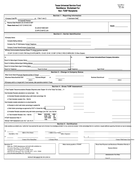 Fillable Form Rmt-2 - Universal Service Fund Remittance Worksheet For Non -Tusf Recipients Printable pdf