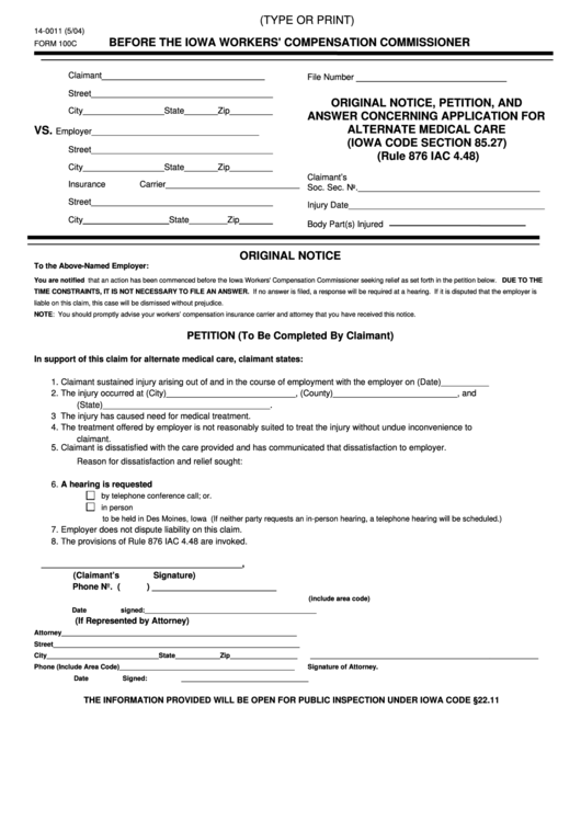 Form 100c -Original Notice And Petition For Medical Care Printable pdf
