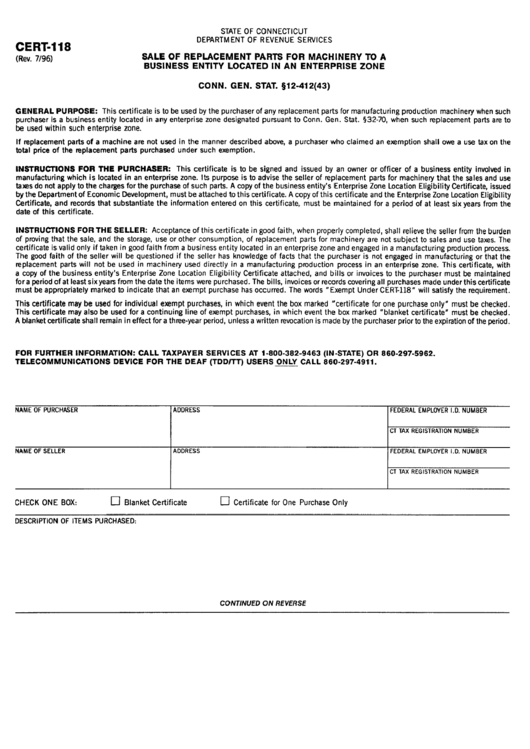 Form Cert-118 - Sale Of Replacement Parts For Machinery To A Business Entity Located In An Enterprise Zone Certificate Form - Department Of Revenue Services, Connecticut Printable pdf