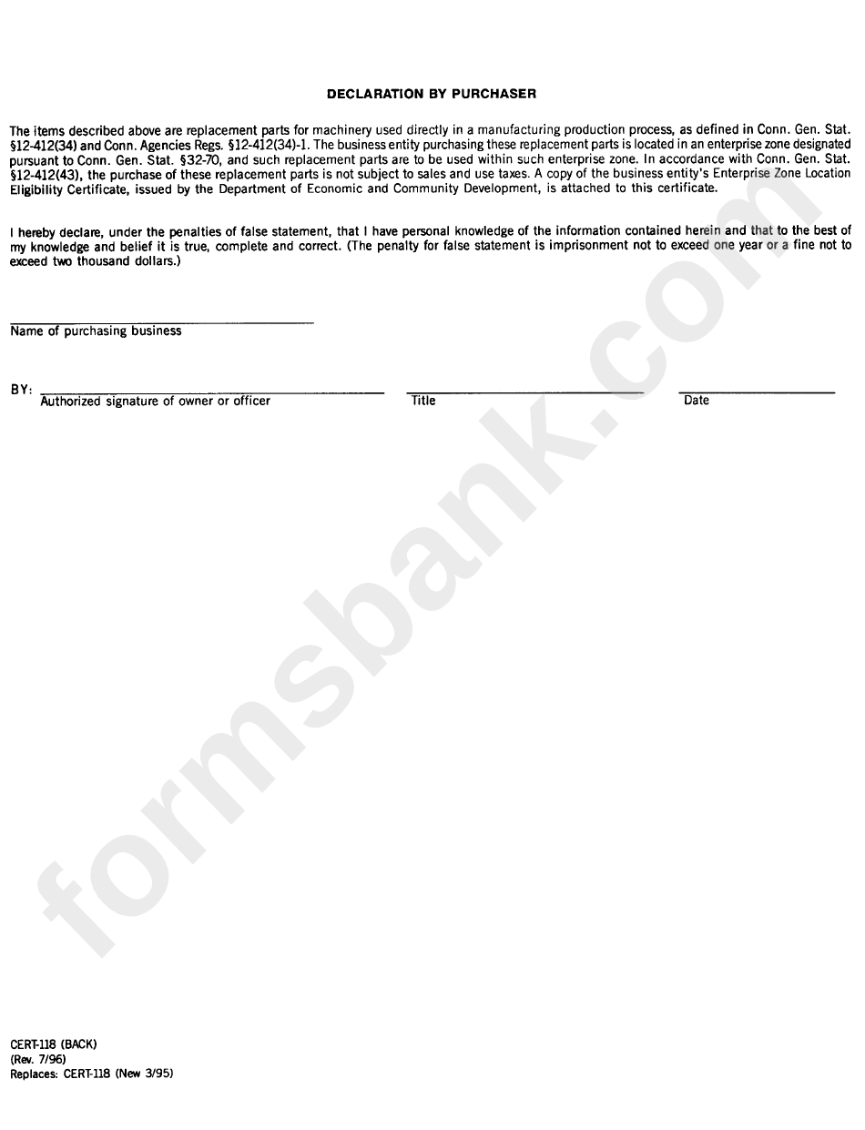 Form Cert-118 - Sale Of Replacement Parts For Machinery To A Business Entity Located In An Enterprise Zone Certificate Form - Department Of Revenue Services, Connecticut