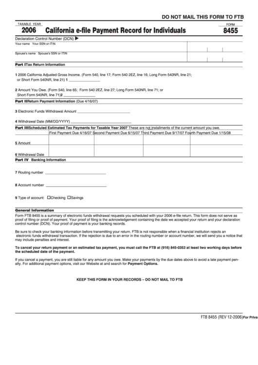 Form 8455 - California E-File Payment Record For Individuals - 2006 Printable pdf