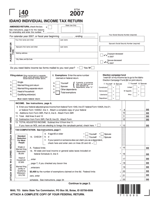 Fillable Form 40 - Idaho Individual Income Tax Return - 2007 Printable pdf