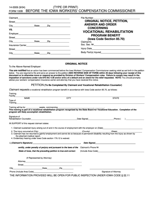 Form 100b - Original Notice, Petition, Answer And Order Concerning Vocational Rehabilitation Program Benefit - 2004 Printable pdf