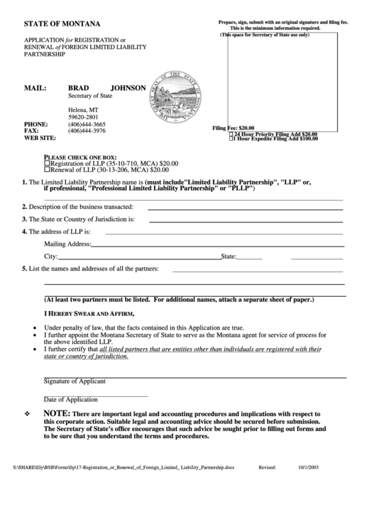 Application For Registration Or Renewal Of Foreign Limited Liability Partnership Form - 2003 Printable pdf