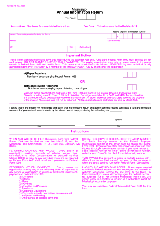 Form 89-215 - Annual Information Return Printable pdf