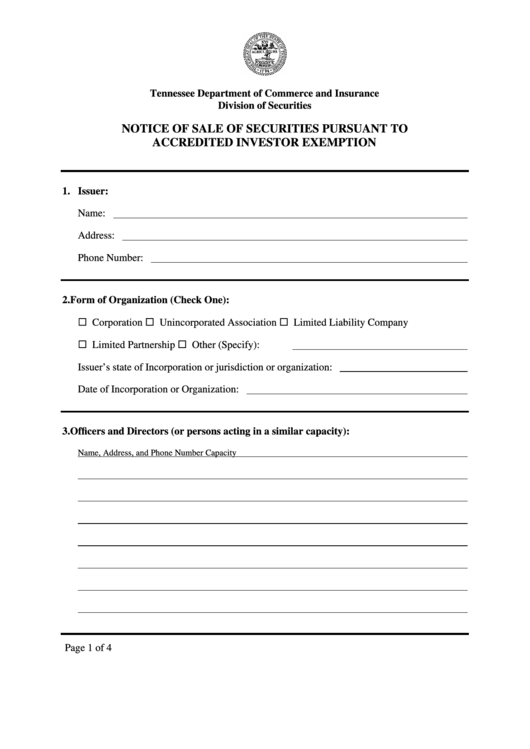 Notice Of Sale Of Securities Pursuant To Accredited Investor Exemption Form Printable pdf