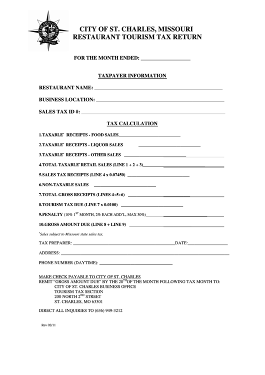 Restaurant Tourism Tax Return Form Printable pdf