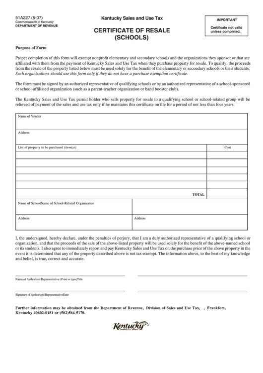 Certificate Of Resale Form - Schools - 2007 Printable pdf